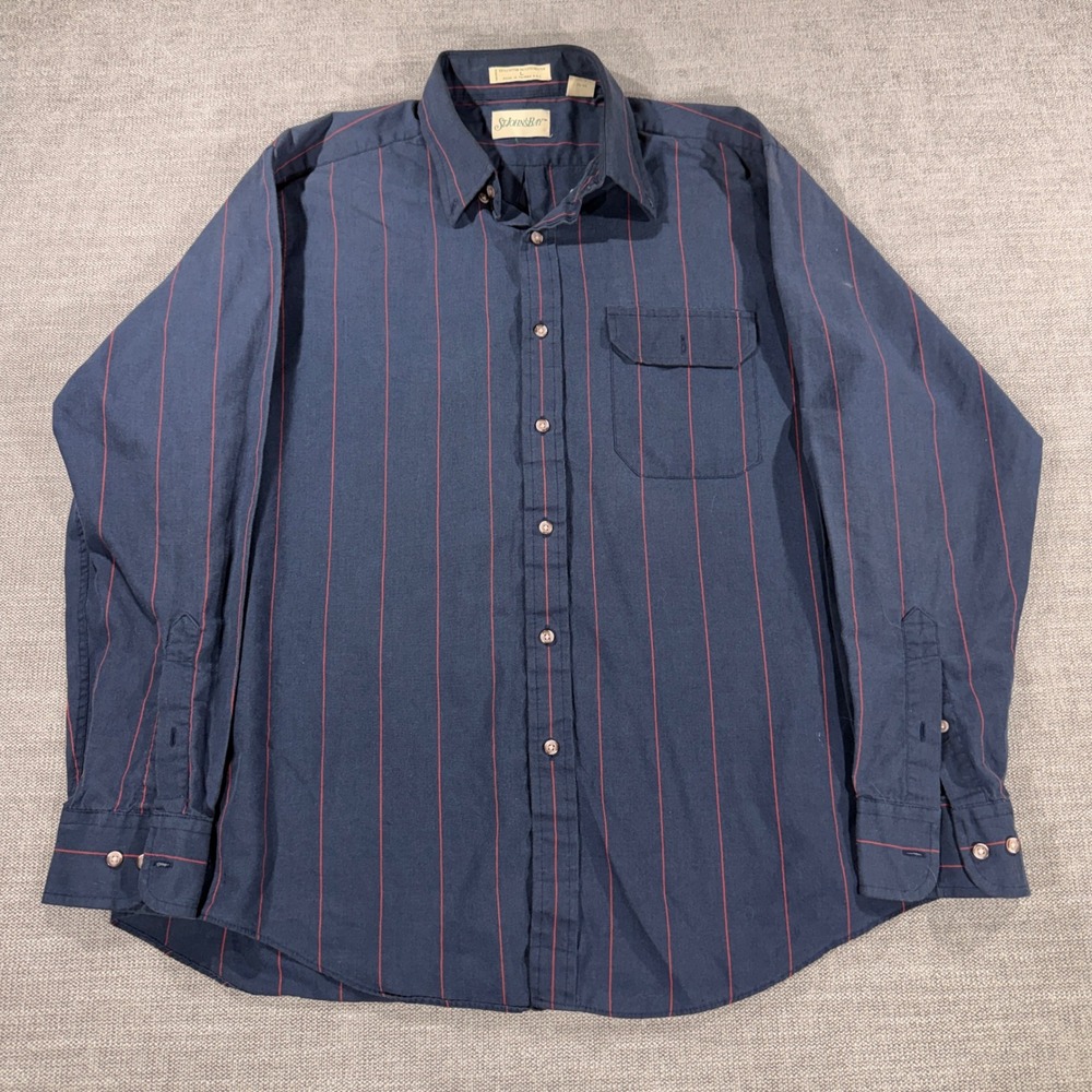 St. John's Bay Button Down Mens Large Navy Blue Red Striped Long Sleeve
